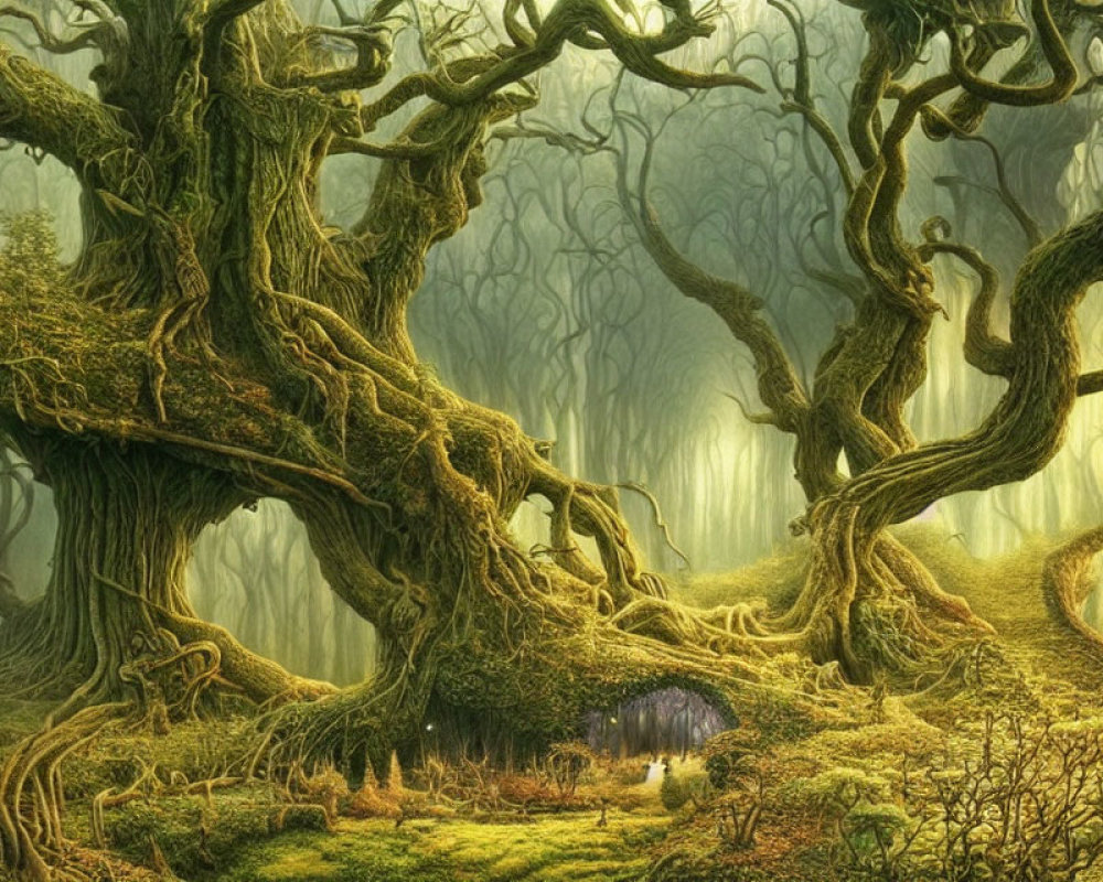 Mysterious Enchanted Forest with Ancient Trees and Cave Entrance