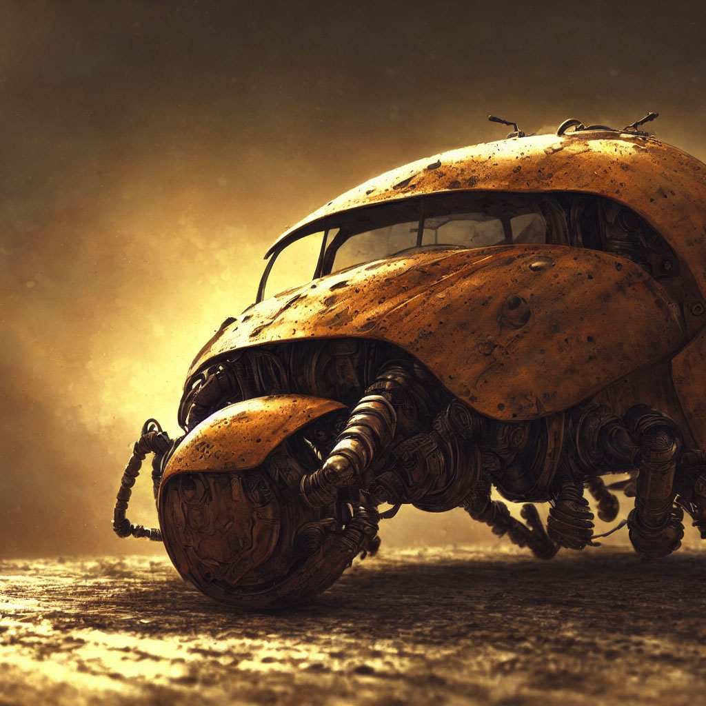Weathered yellow mechanical beetle vehicle under hazy amber sky