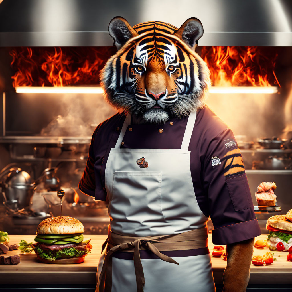 Tiger-headed chef in apron cooks burger in fiery kitchen