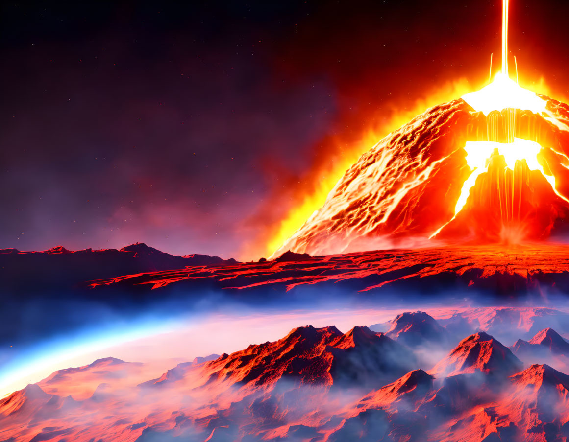 Alien planet volcanic eruption with lava flows and fiery skies