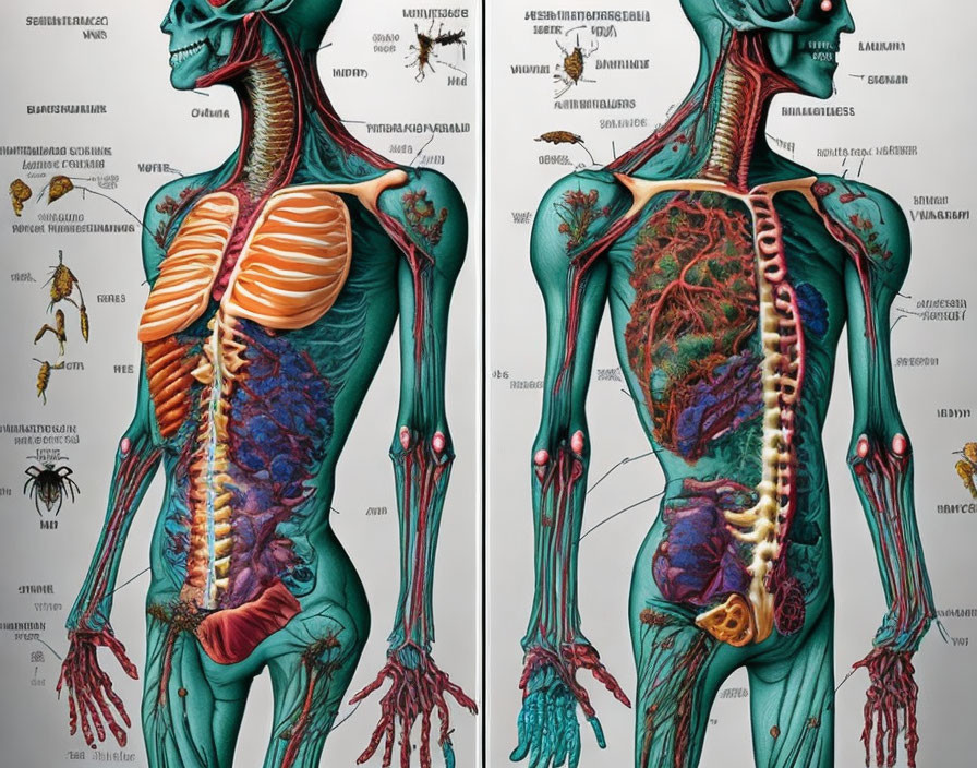 Detailed Human Anatomy Illustration: Muscles, Skeleton, Circulatory, Internal Organs