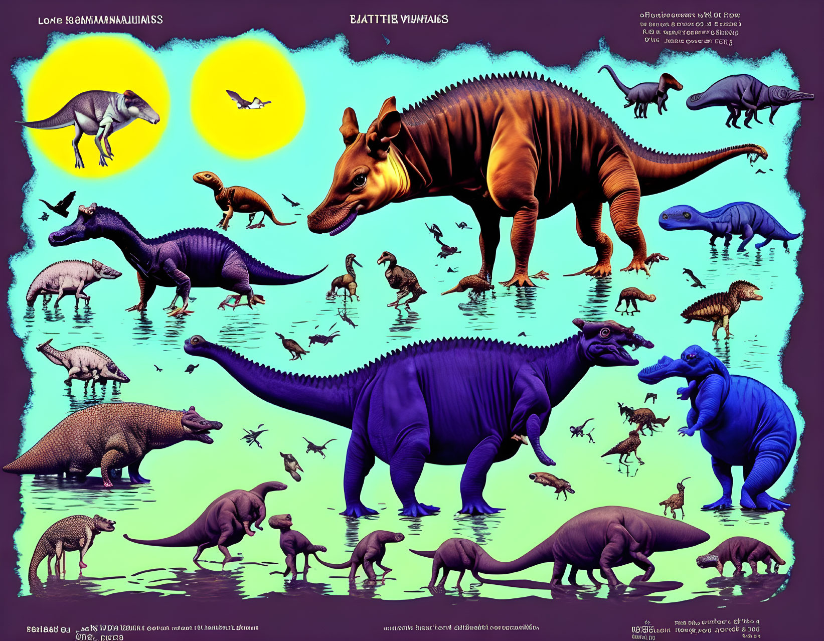 Vibrant dinosaur and prehistoric creatures on blue background