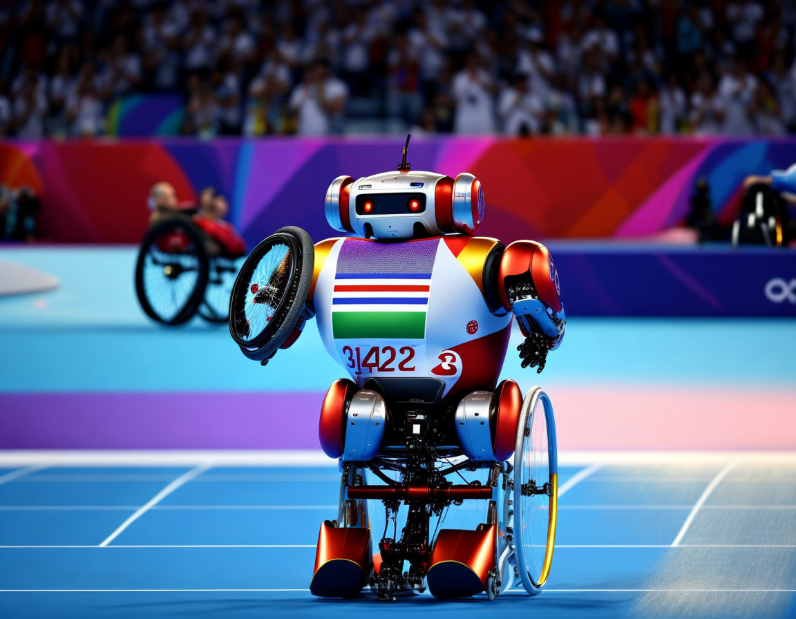 Multicolored robot with "31422" numbers in wheelchair race.