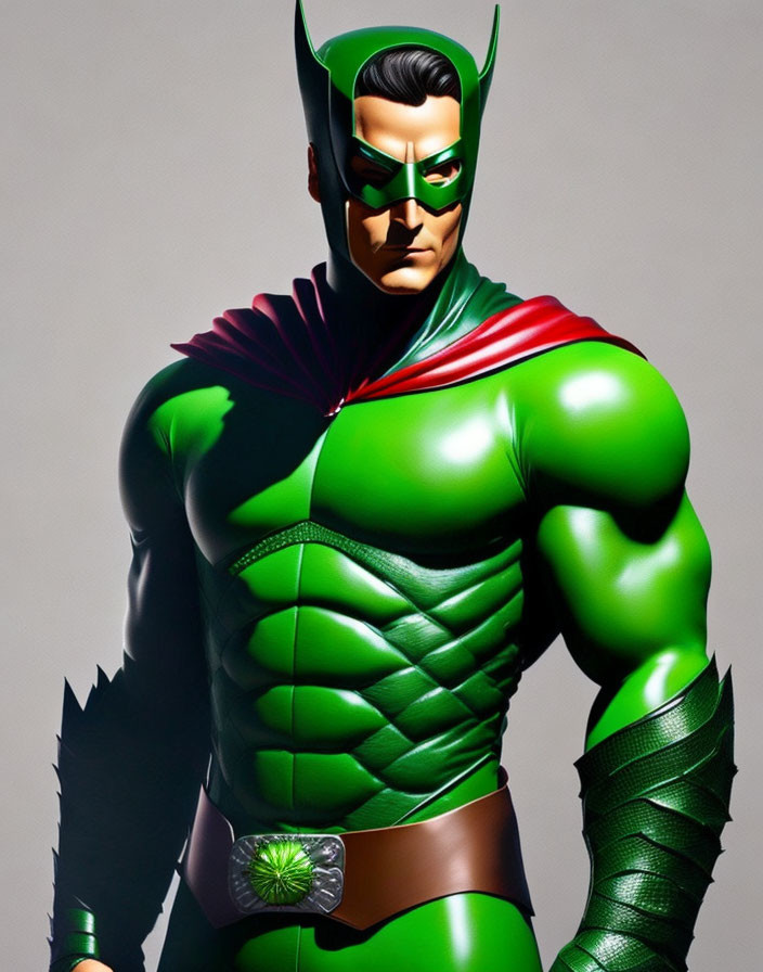 Muscular superhero in green and black costume with red cape and pointy ears
