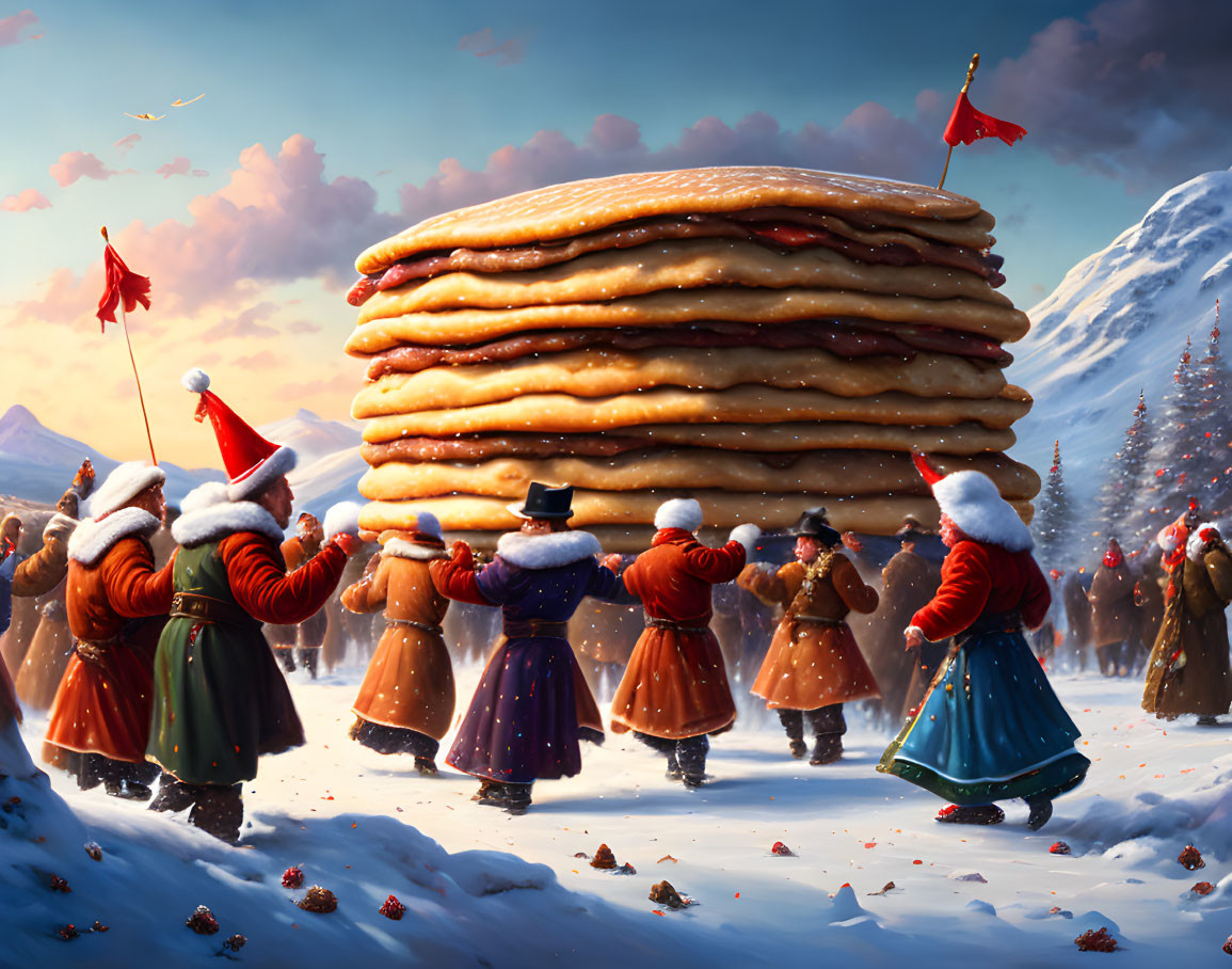 Winter Pancake Festivity with Traditional Clothing and Snowy Mountains