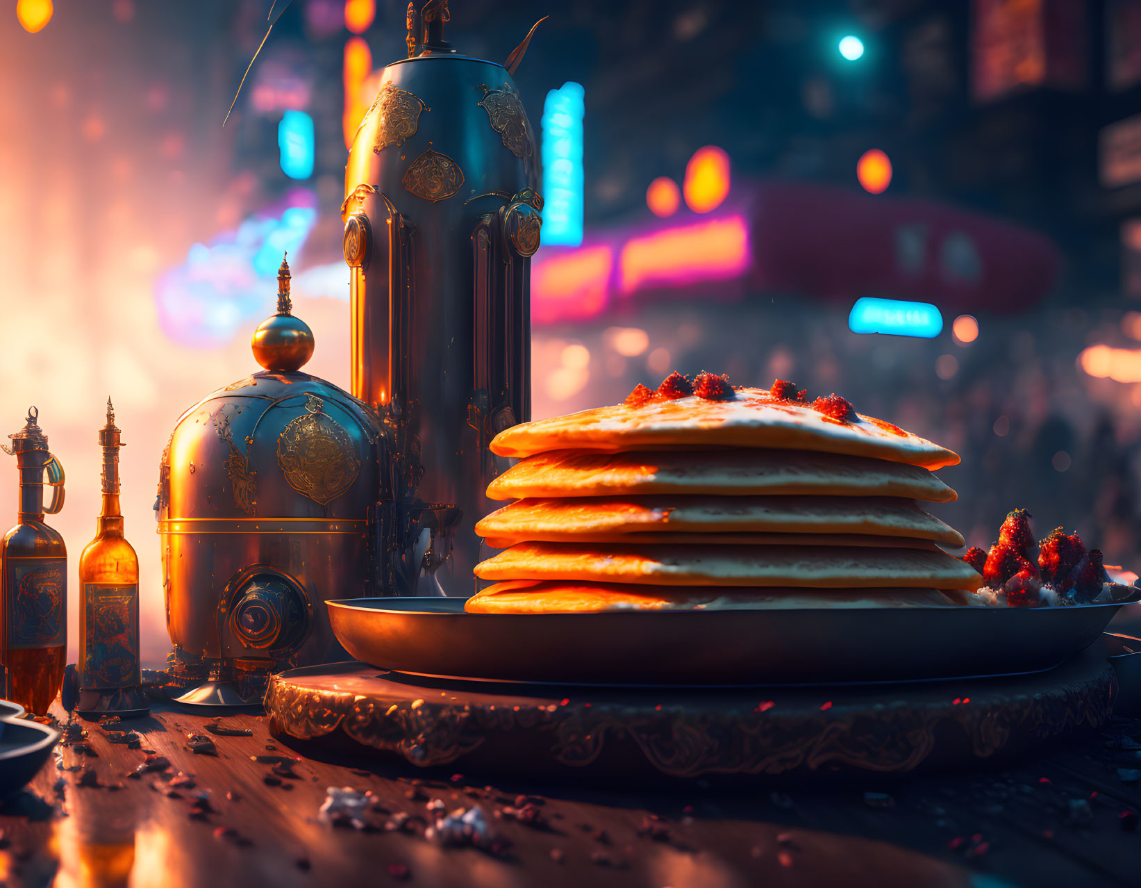 Stack of pancakes with toppings on plate near ornate bottles and vintage teapot, street scene in background
