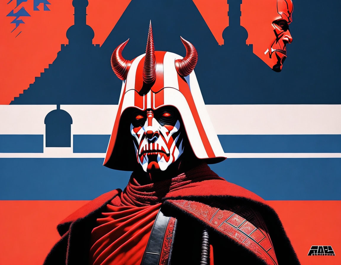 Stylized Darth Maul illustration with red and blue color scheme