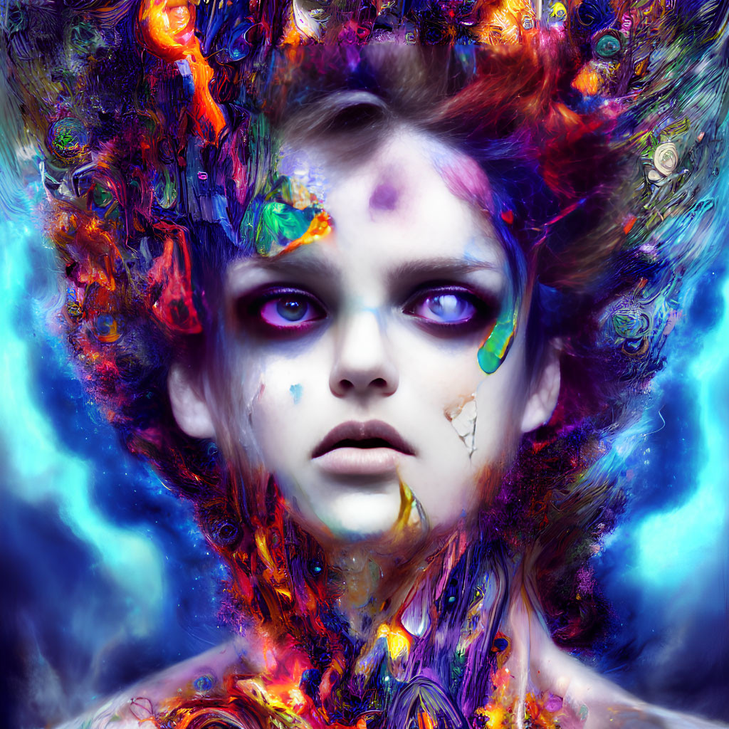 Colorful digital portrait with intense purple eyes and cosmic explosion vibes