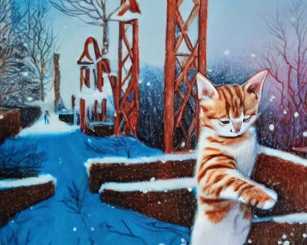 Orange Tabby Cat Walking on Snowy Park Path at Twilight