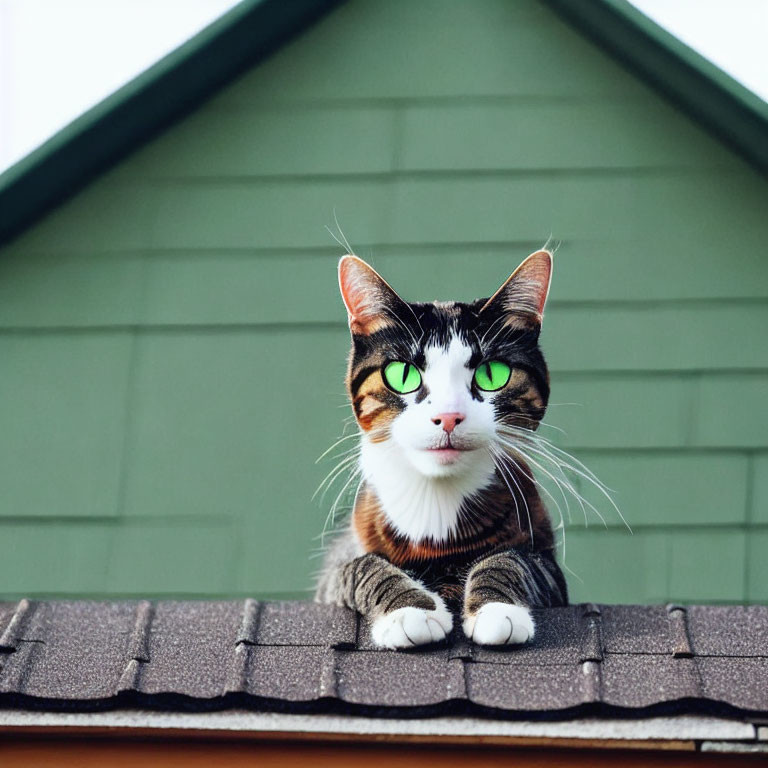 Calico Cat with Green Eyes on Shingled Roof with Green House Facade