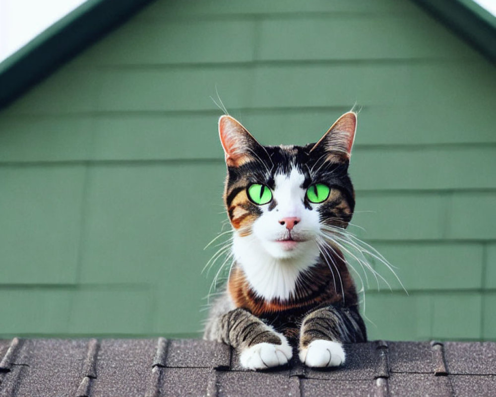 Calico Cat with Green Eyes on Shingled Roof with Green House Facade