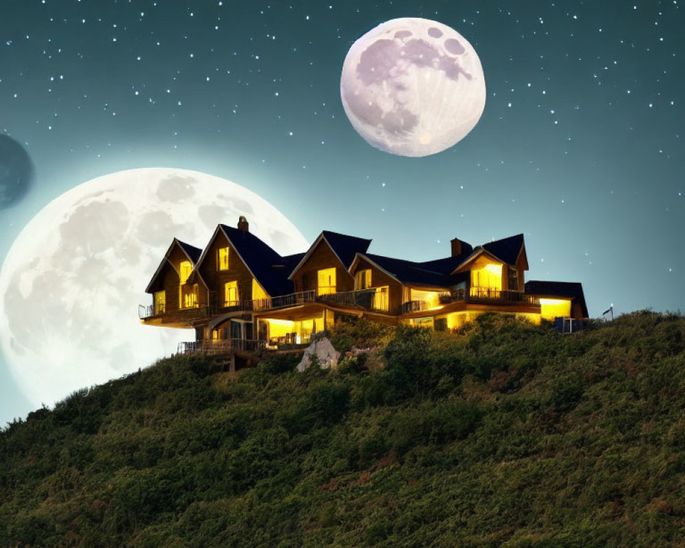 Nighttime hilltop house with illuminated windows under full moon.