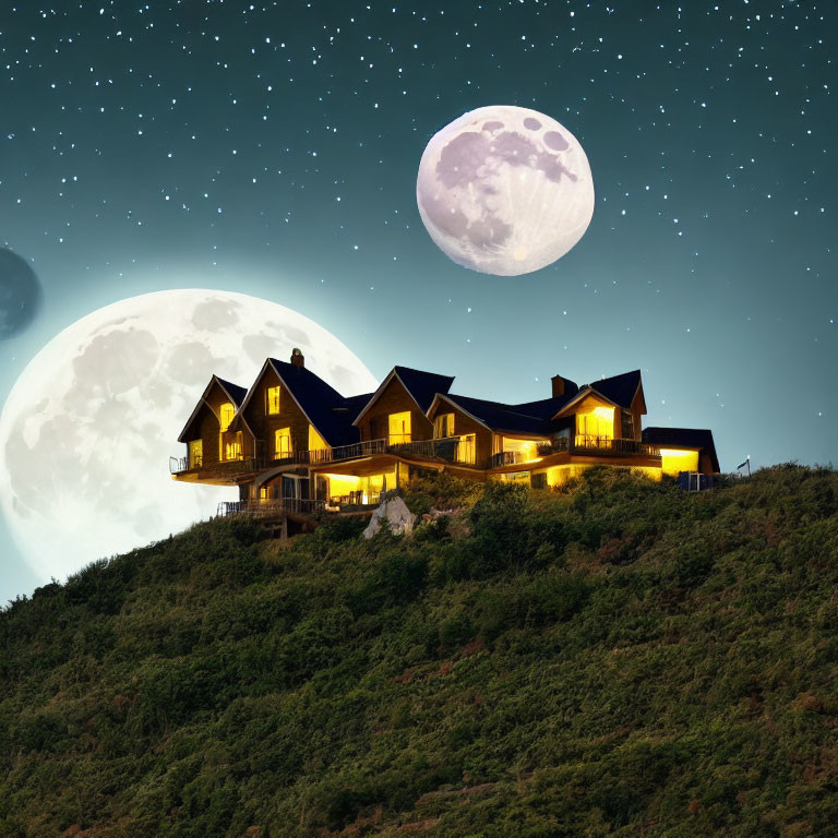 Nighttime hilltop house with illuminated windows under full moon.
