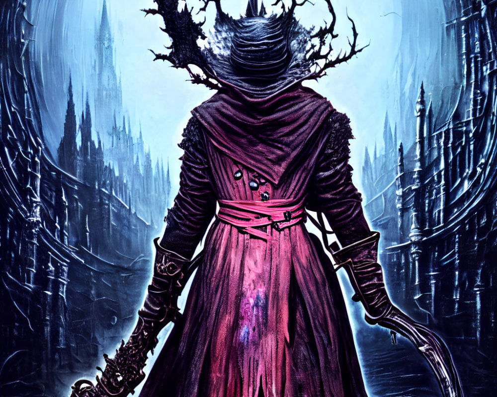 Mysterious Figure in Crimson Robe with Twisted Crown Before Gothic Castle