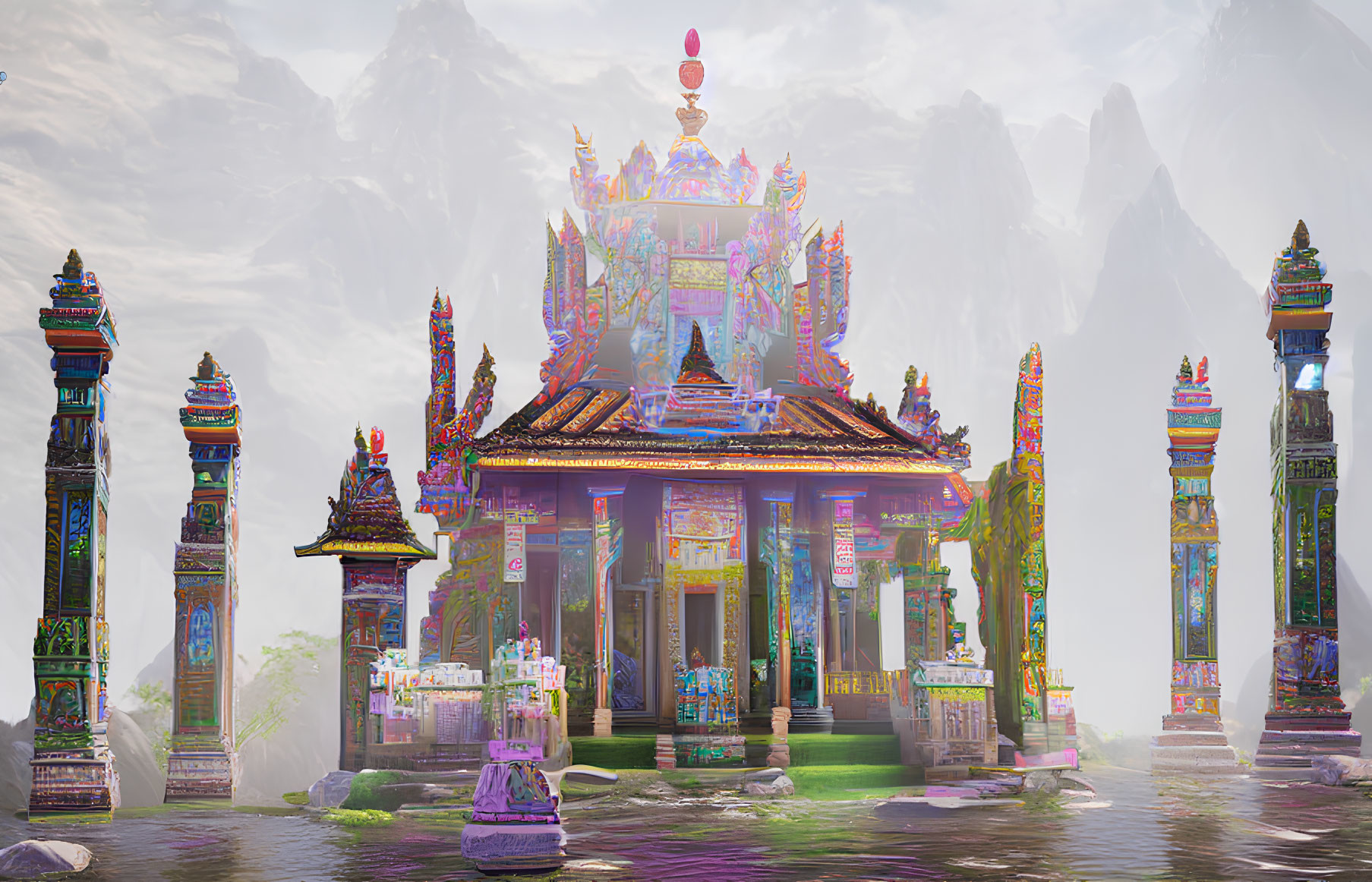 Colorful Ornate Temple Surrounded by Water and Misty Mountains