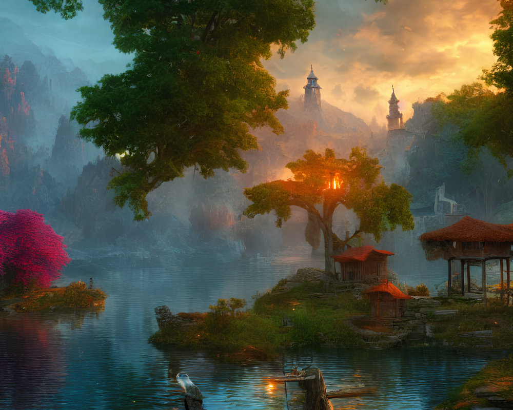 Serene fantasy landscape with idyllic lake, pavilions, blossoming trees, lanterns