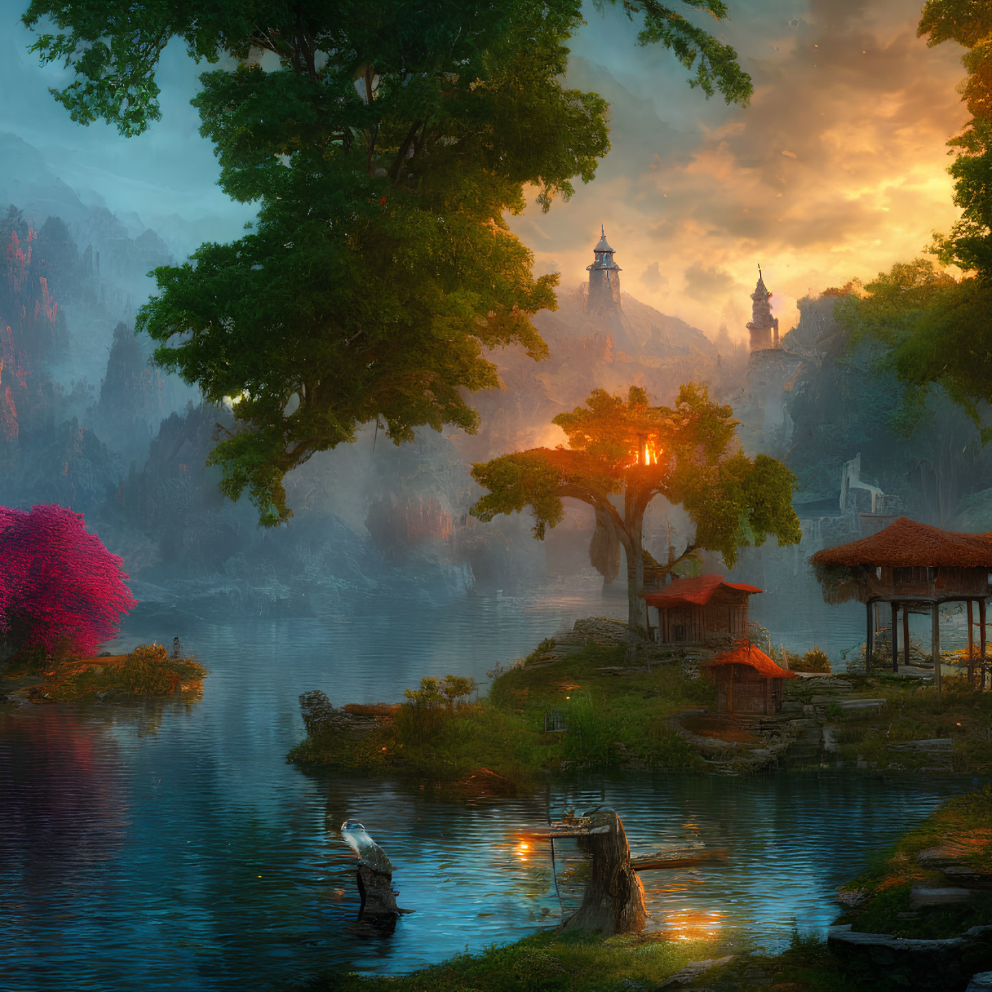 Serene fantasy landscape with idyllic lake, pavilions, blossoming trees, lanterns