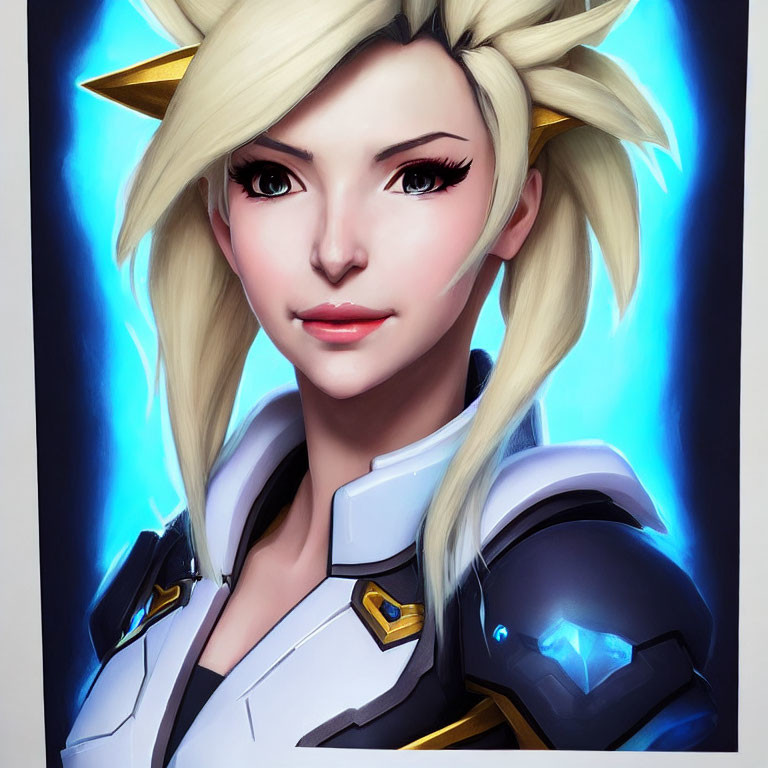 Blonde-Haired Female Character in Futuristic White and Blue Armor