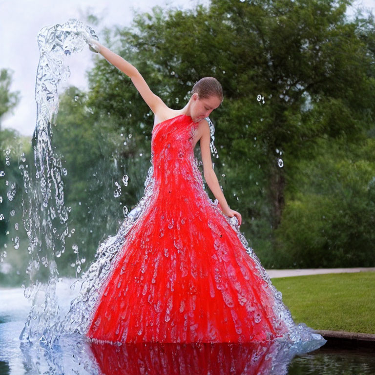 Woman in Vibrant Red Dress with Dramatic Water Splash Effect