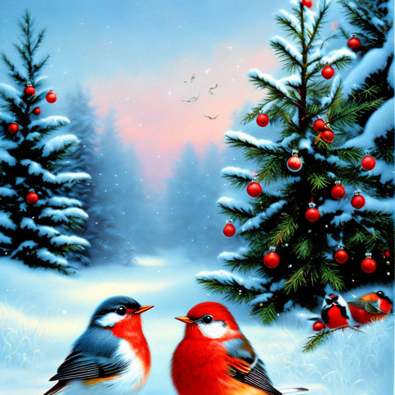 Colorful birds in snowy scene with evergreen trees and pink sky