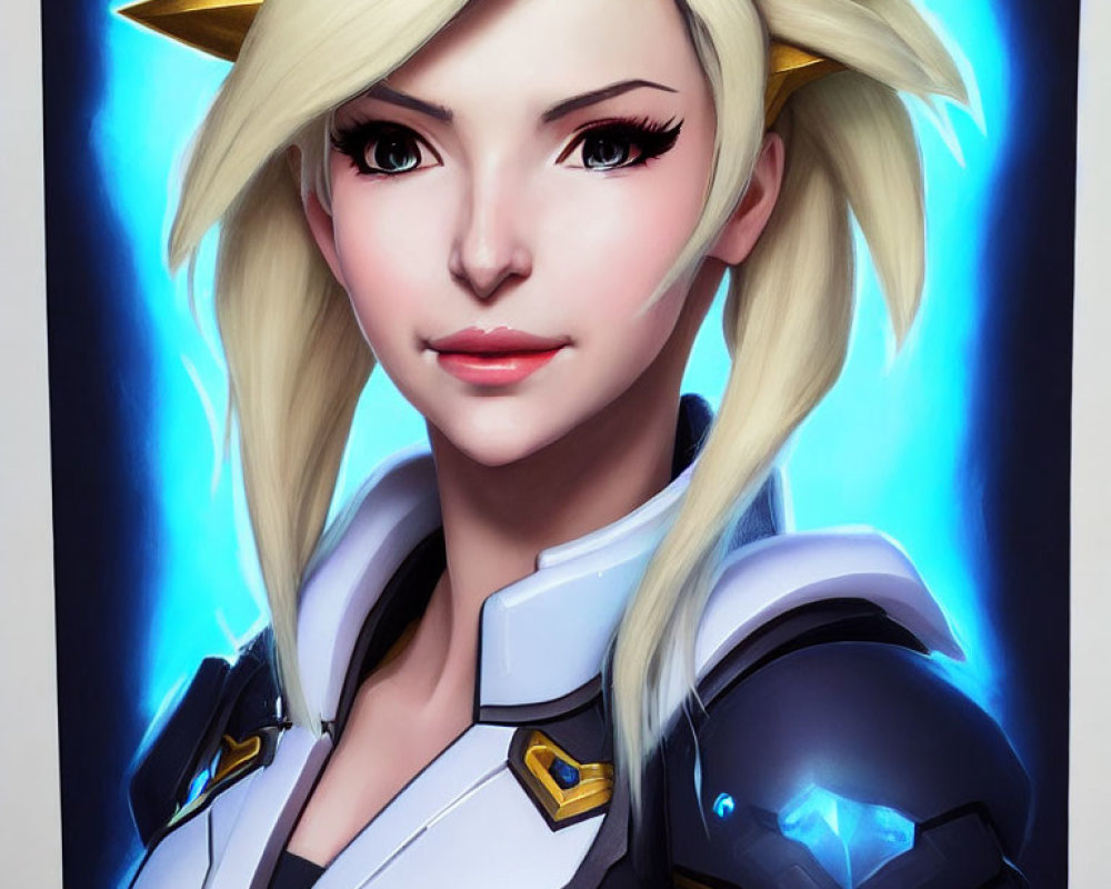 Blonde-Haired Female Character in Futuristic White and Blue Armor