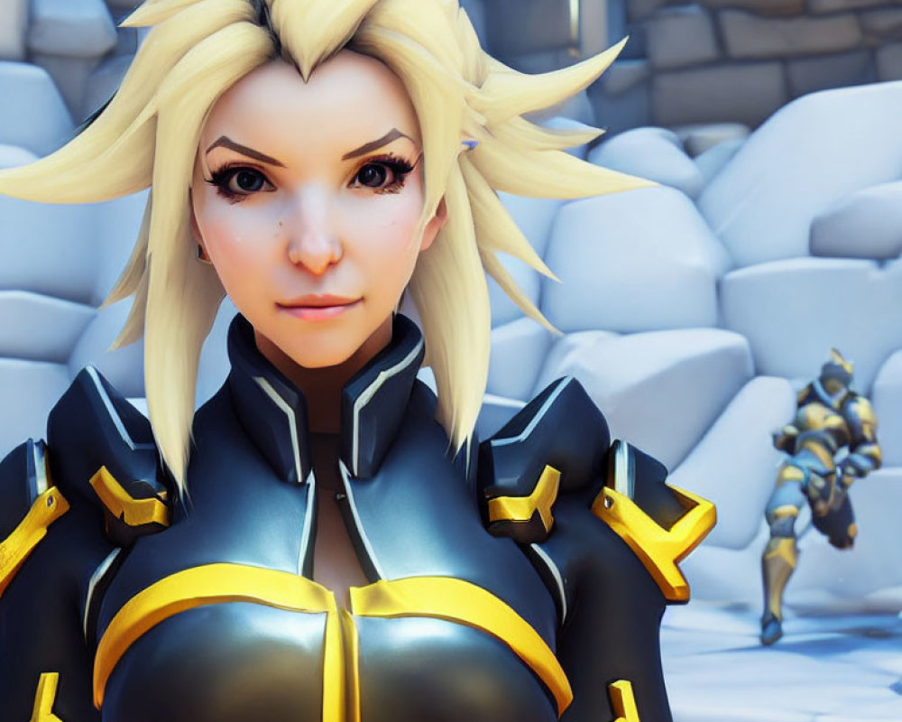 Blonde-Haired Female Character in Futuristic Armor with Snowy Background