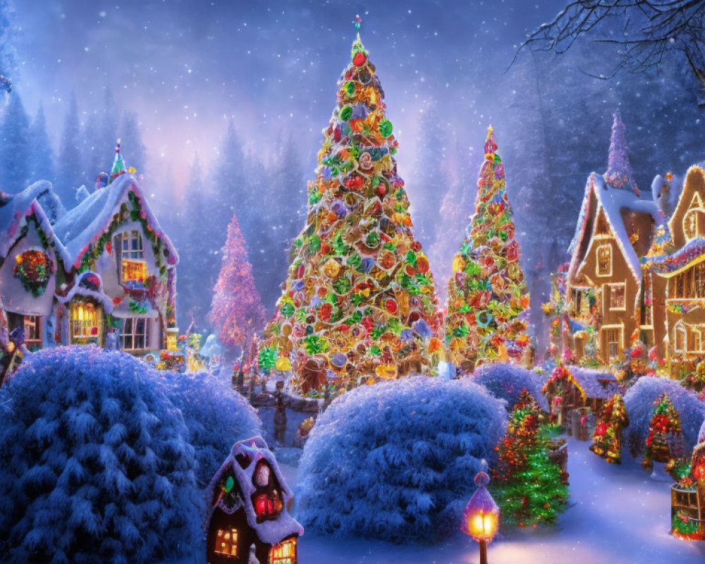 Winter Wonderland: Christmas trees, snow-covered cottages, warm lights at twilight