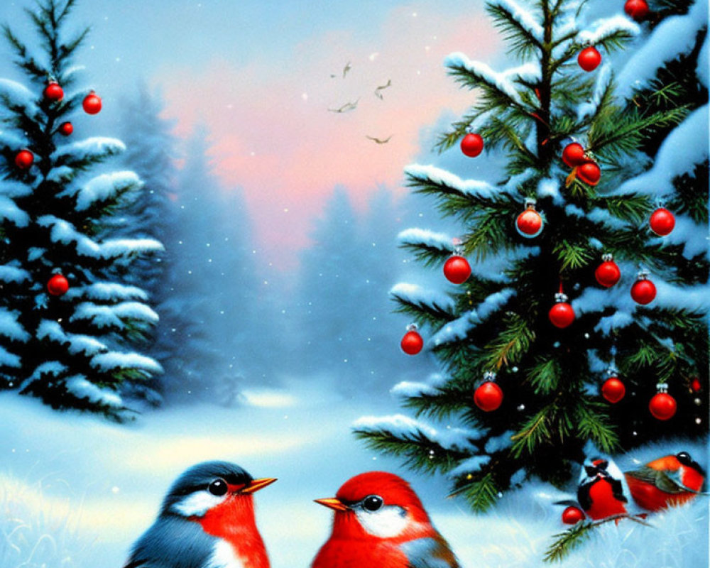 Colorful birds in snowy scene with evergreen trees and pink sky
