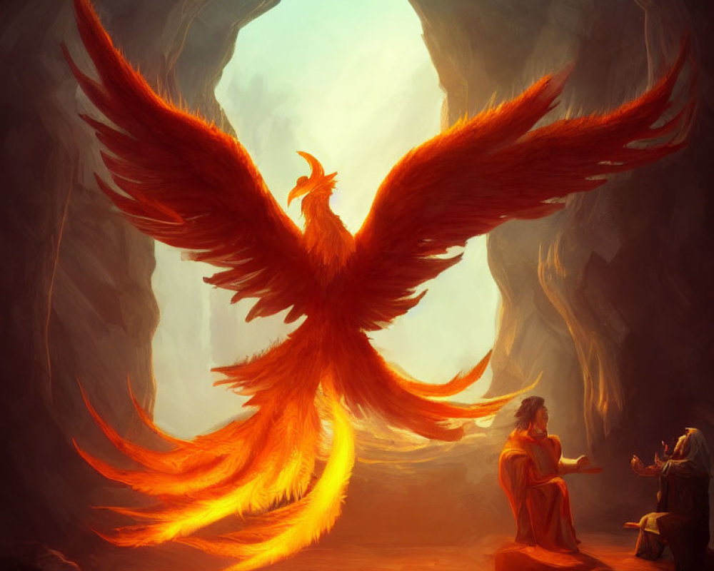 Majestic phoenix with fiery wings in cavern with robed figures
