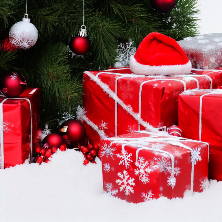 Festive red Christmas gifts with silver ribbons under a decorated tree in snowy setting