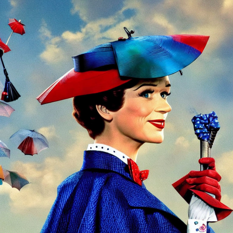 Colorful hat-wearing woman with umbrella and whimsical kites in the sky