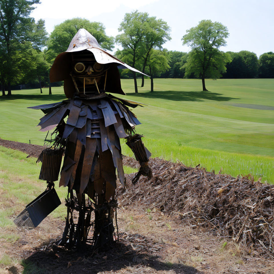 Knight metal sculpture with shield next to twigs on grassy field