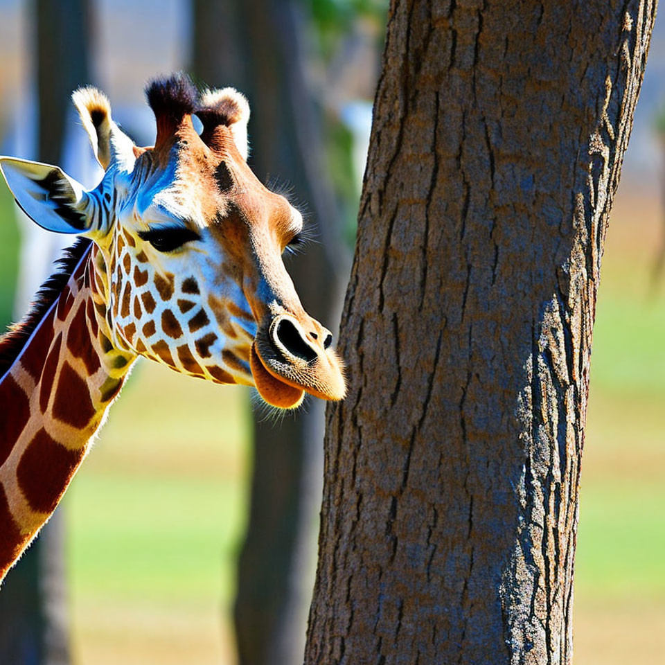 Giraffe Head Peeking Behind Tree in Greenery