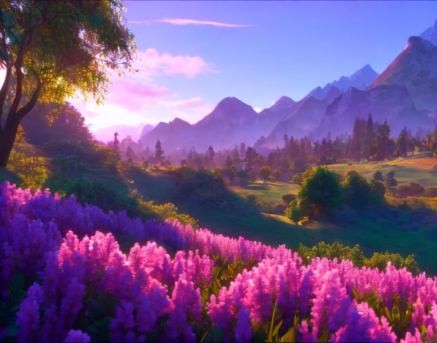 Majestic mountains under vibrant sunrise with lush purple flowers