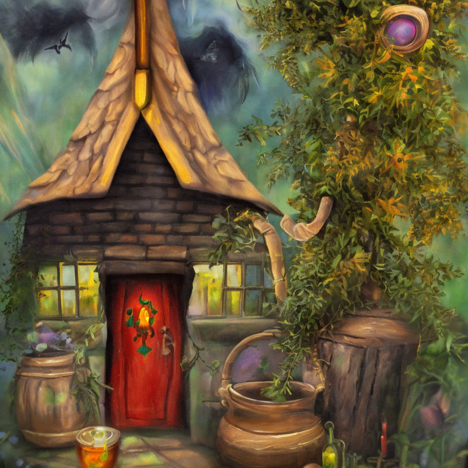 Illustration of cozy thatched-roof cottage with red door, glowing windows, lush tree, barrels