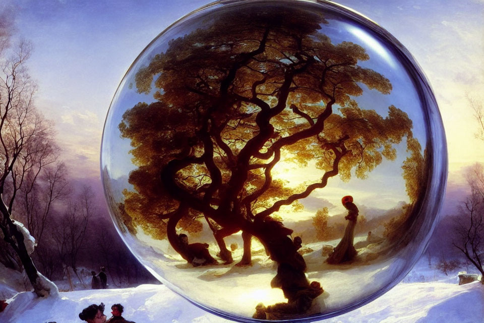 Surreal winter landscape with giant reflective sphere, vibrant tree, and setting sun