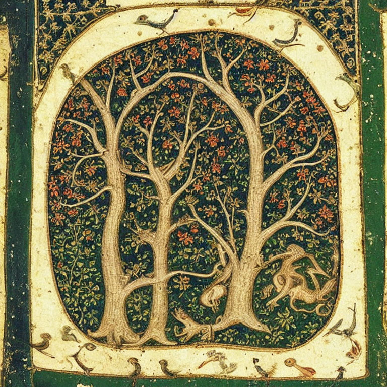 Detailed medieval miniature painting of lush tree with golden patterns on green background