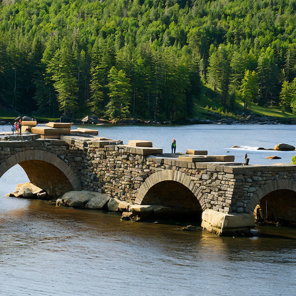 Stone bridge with three arches over calm river, person by railing, dense forest background
