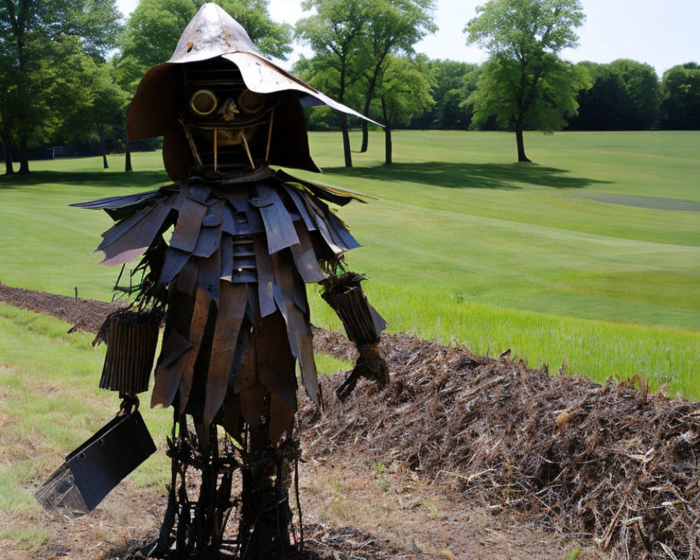 Knight metal sculpture with shield next to twigs on grassy field