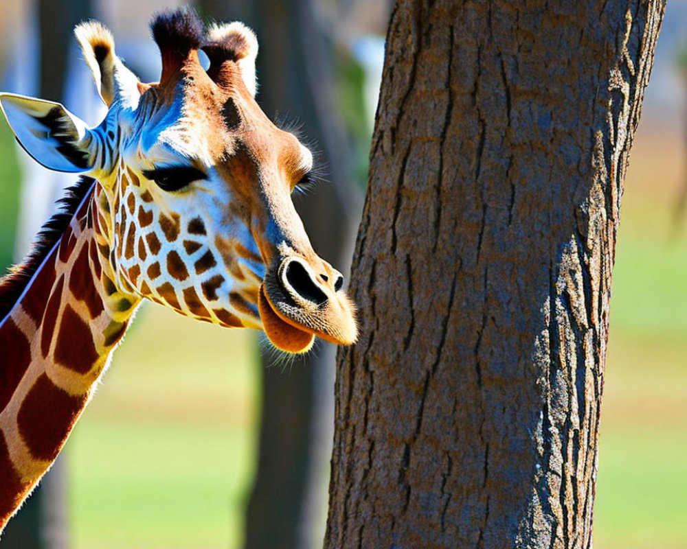Giraffe Head Peeking Behind Tree in Greenery