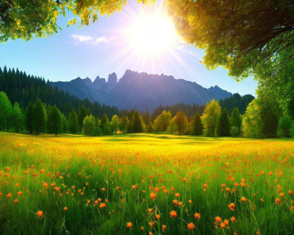 Scenic sunny meadow with wildflowers, trees, and mountains under clear blue sky