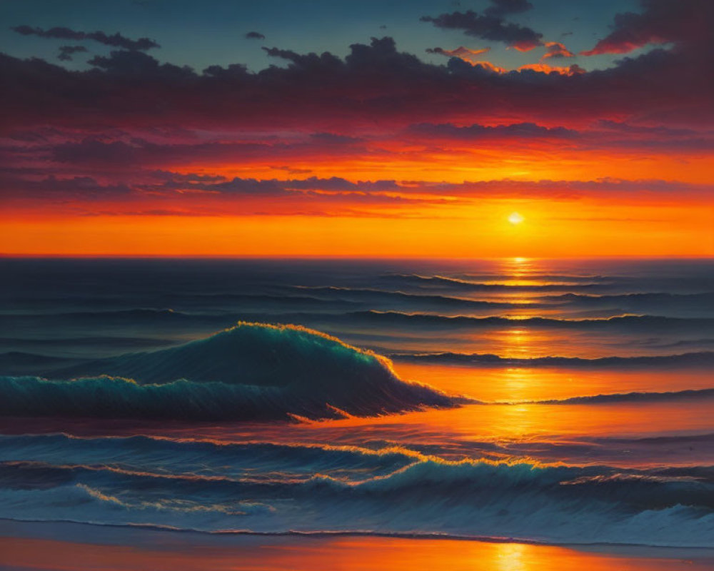 Scenic ocean sunset with vibrant orange sky and water reflections