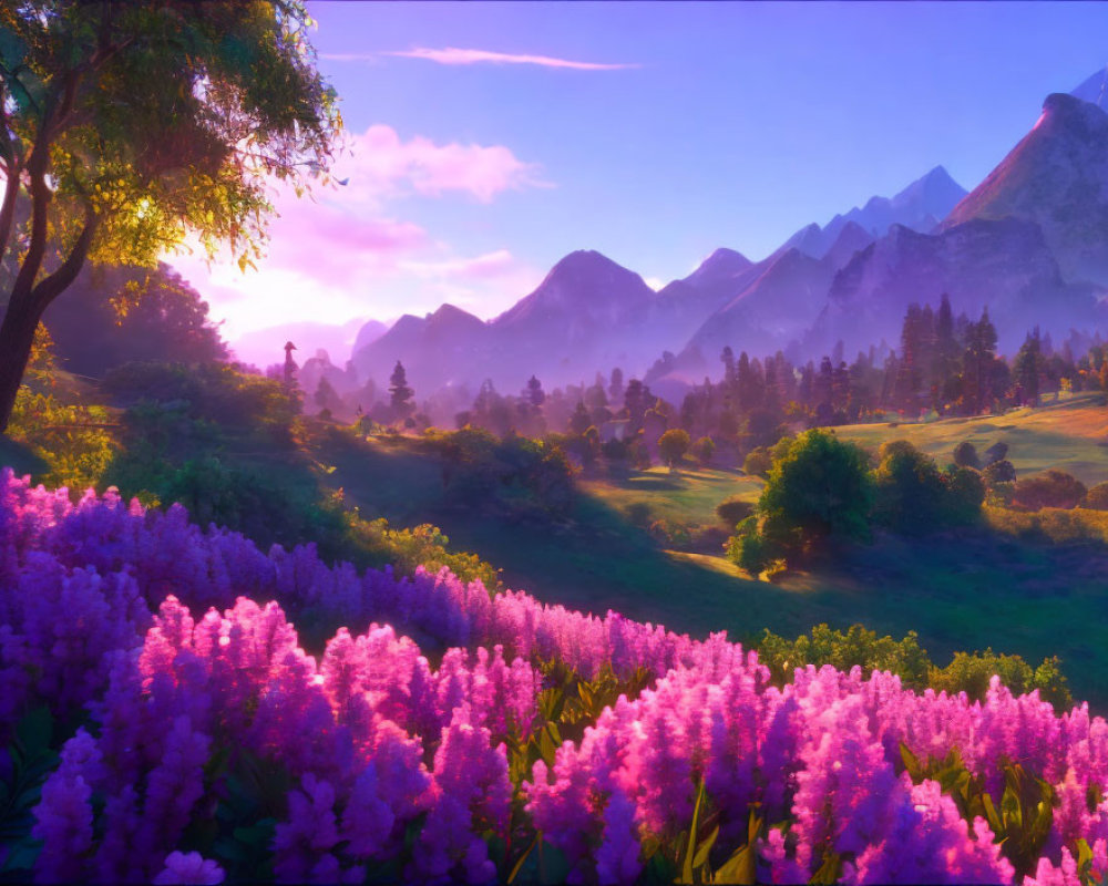 Majestic mountains under vibrant sunrise with lush purple flowers
