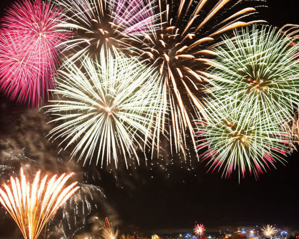 Colorful fireworks illuminate night skyline with bursts above cityscape