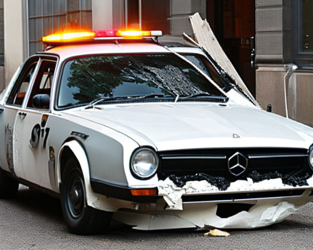 Vintage Police Car with Damaged Front End and Flashing Lights Parked on City Street