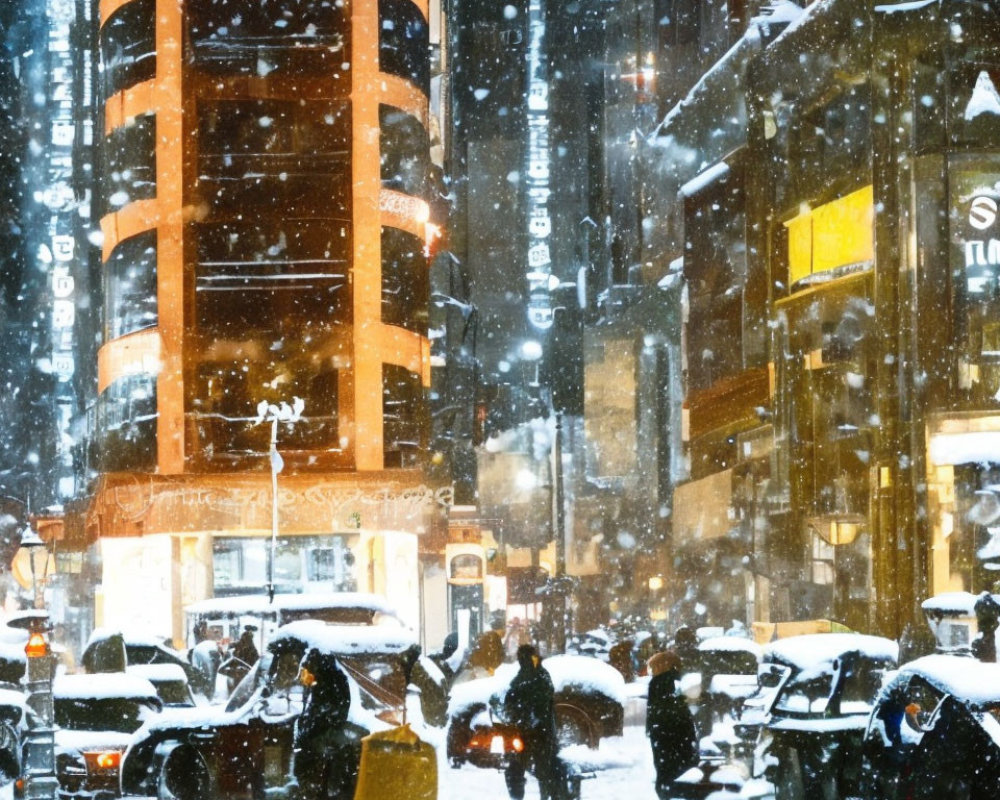 Snowy Night Cityscape: Falling Snow, Pedestrians, Cars, and Lit Buildings