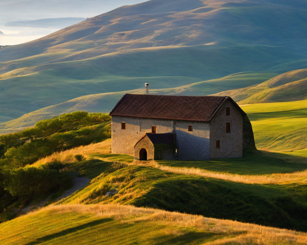 Serene landscape with lone house in rolling green hills