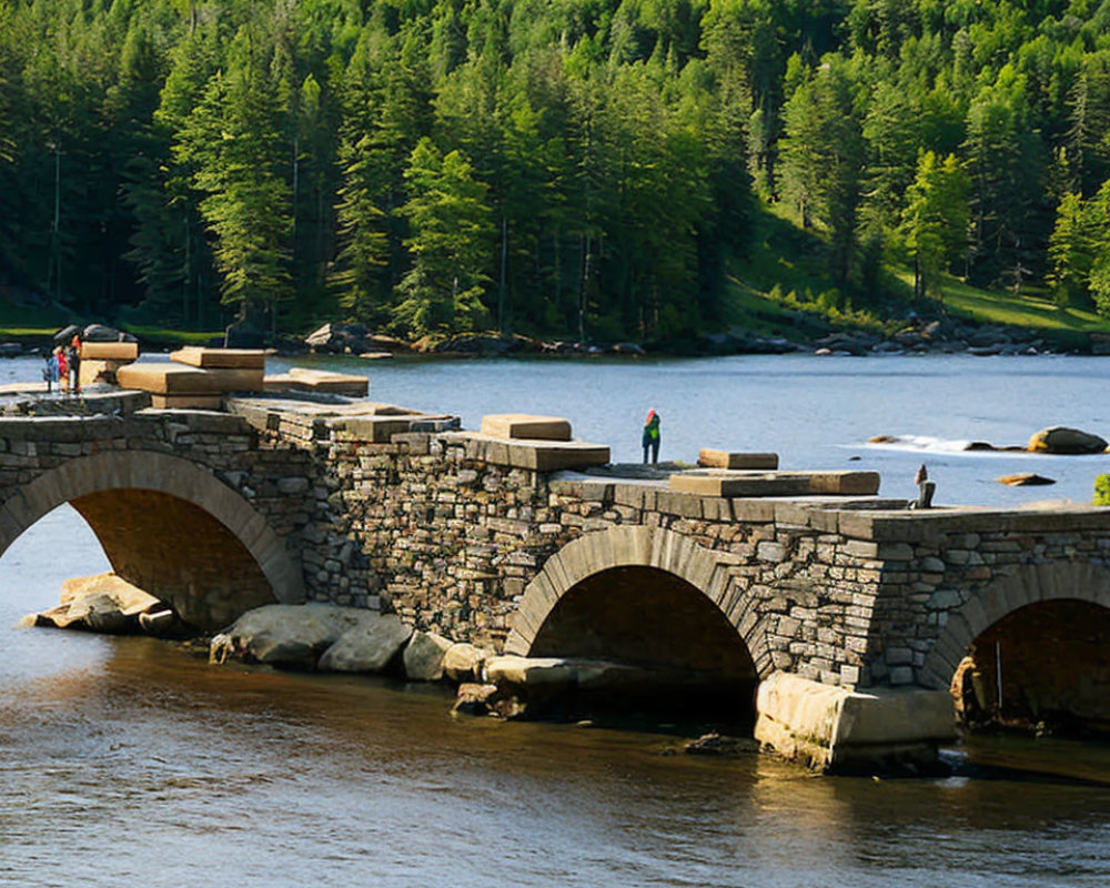 Stone bridge with three arches over calm river, person by railing, dense forest background