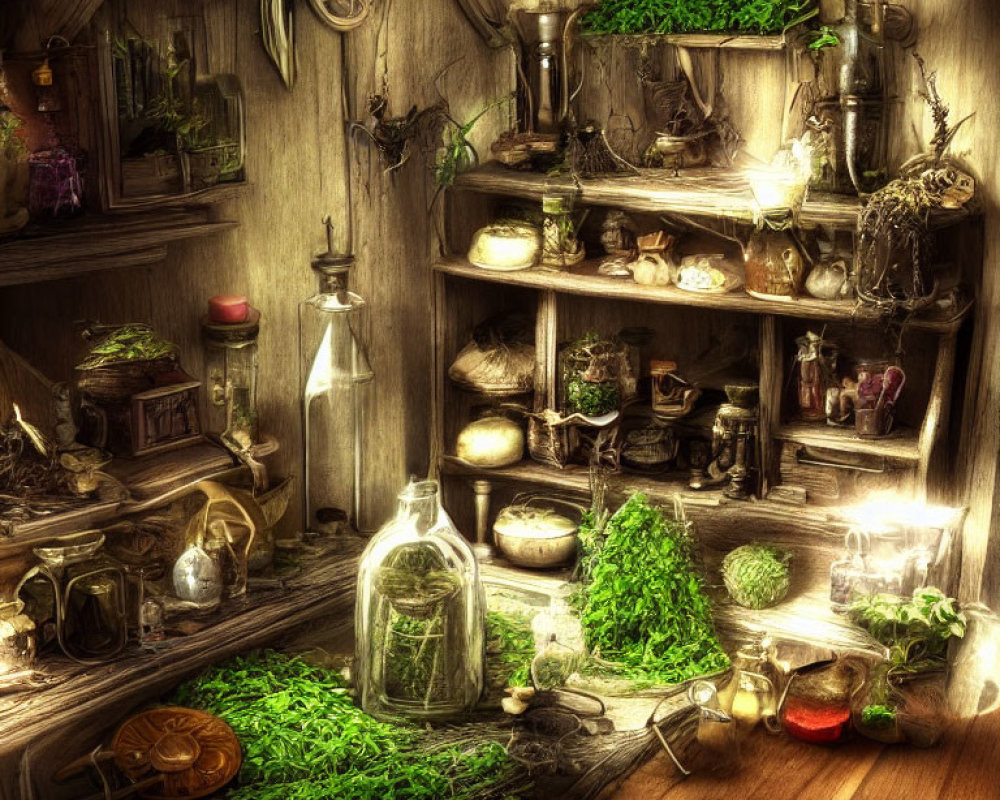 Mystical apothecary shelf with jars, potions, plants in warm sepia light