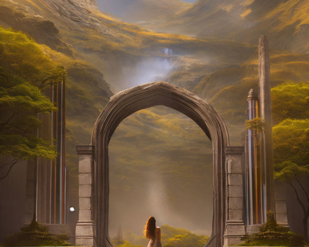 Person admires ancient archway, distant waterfall, mystical mountain landscape.